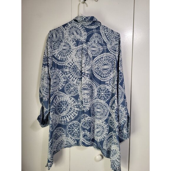 Zac & Rachel Women's LG Blue Patterned Tunic Blouse Roll-Tab Sleeve Boho Artsy - Picture 2 of 9
